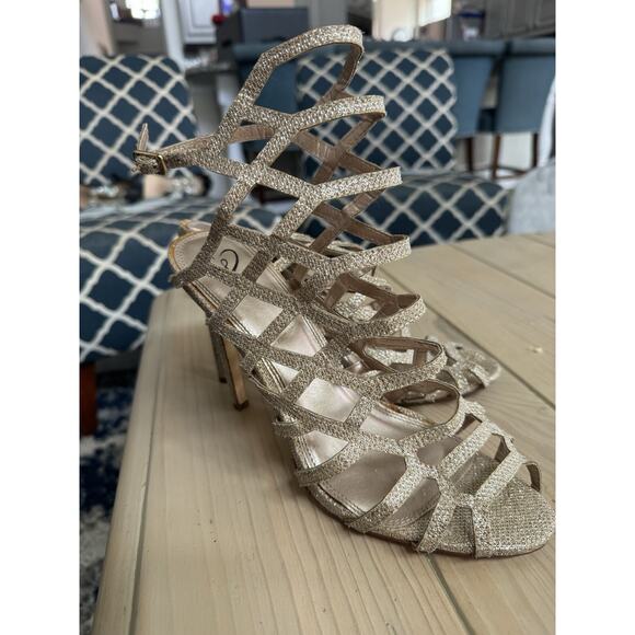 Glitter Champagne/Gold Strap High Heels With Buckle. Size 10 - Picture 1 of 7